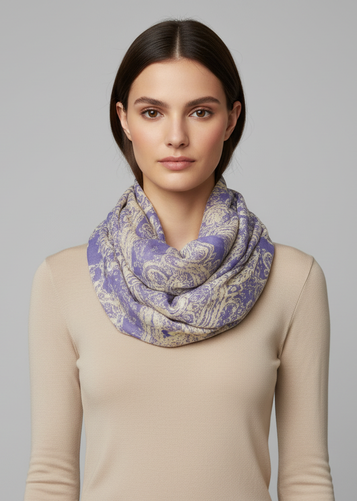 Lavender graphic sunflower and paisley print lightweight infinity loop scarf.