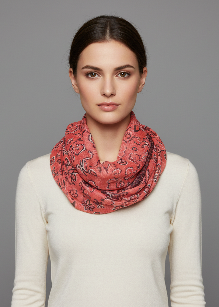Graphic sunflower lightweight paisley print infinity loop scarf in salmon.