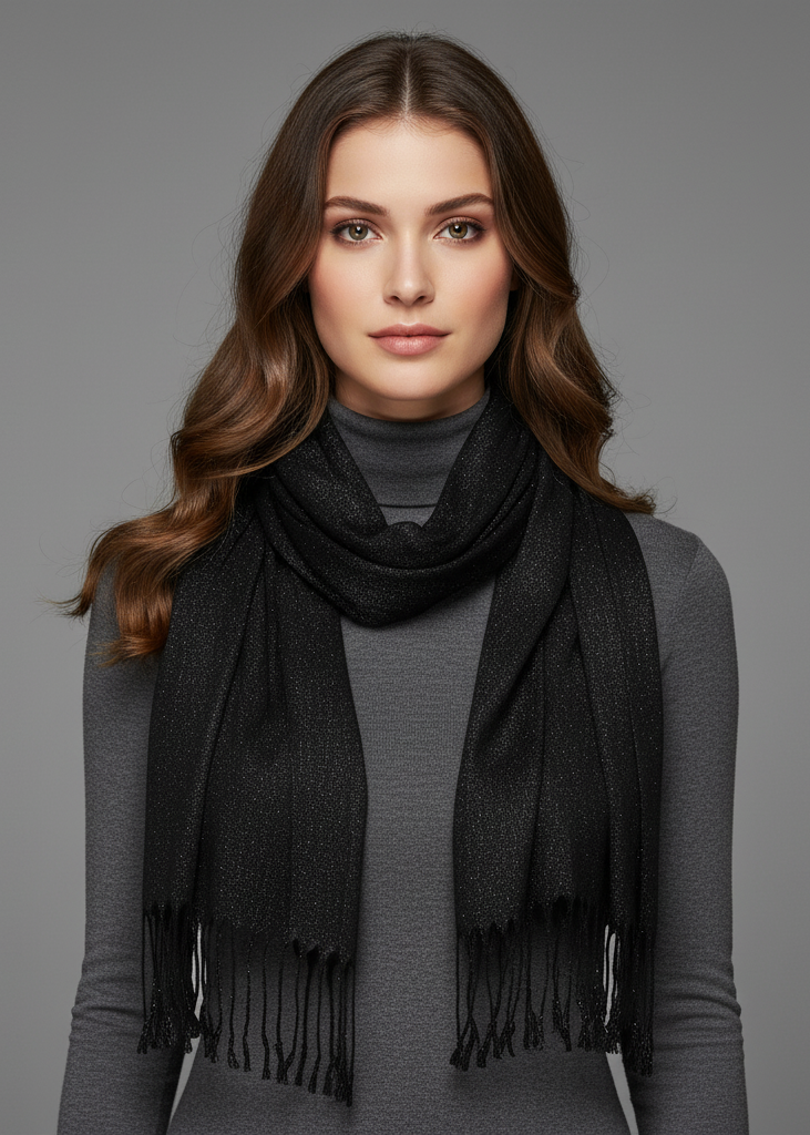 Black and white lightweight sheer burnout scarf with an embroidered floral pattern and border finish