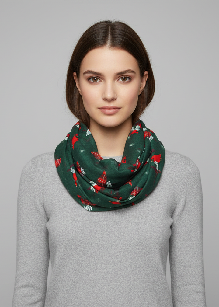 Vintage two colored plaid infinity loop scarf featuring a delicate bird print pattern in green