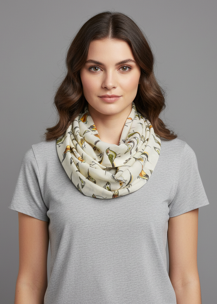 Lightweight sheer infinity scarf featuring a vintage bird print design in cream color for women