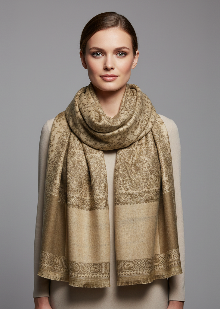Brown and tan thick reversible 4-ply pashmina shawl with intricate paisley floral pattern and fringe trim.