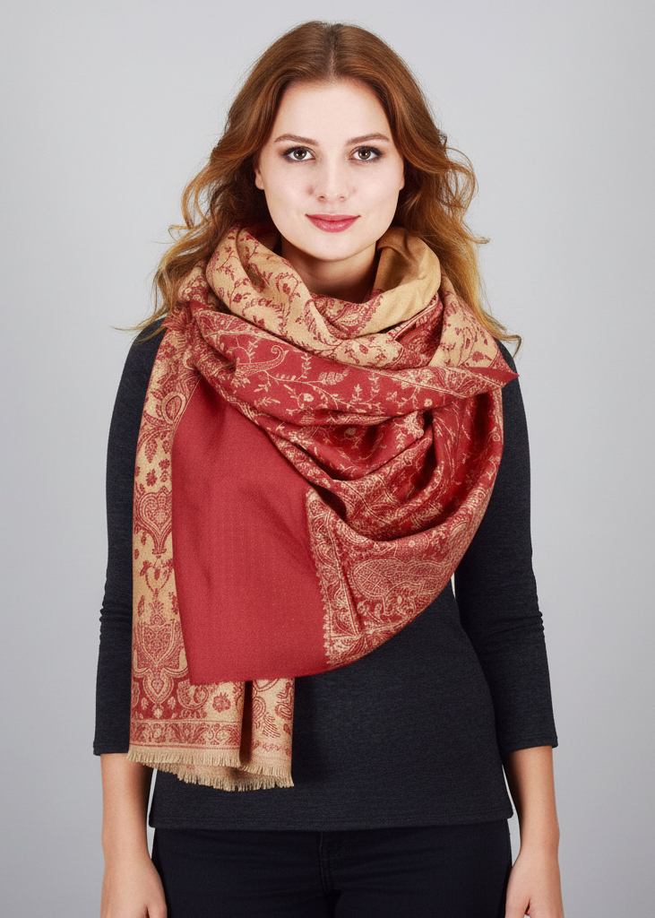 Cream and pink reversible pashmina shawl with thick 4-ply woven paisley pattern and fringe trim