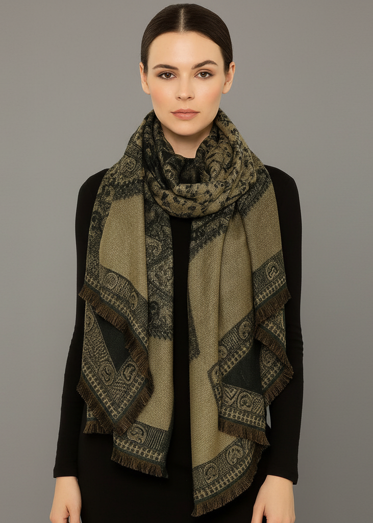 Dark green and tan reversible paisley pashmina shawl with intricate floral patterns and fringe trim