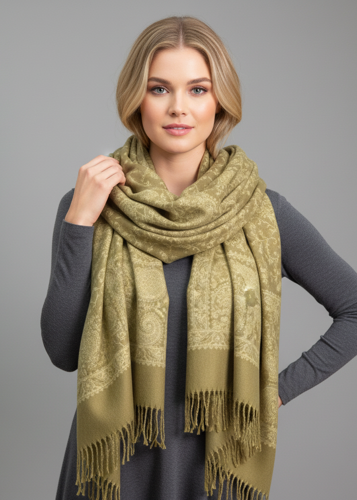 Khaki and tan reversible pashmina shawl with an intricate paisley floral pattern and fringe trim