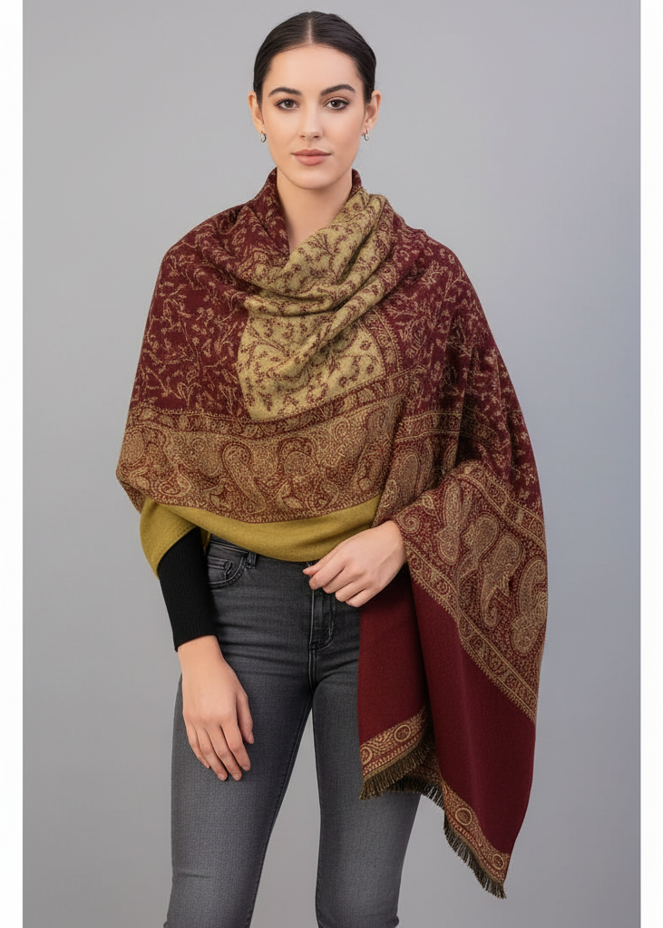 Maroon reversible paisley pashmina blanket scarf with thick 4 ply weave and fringe detail