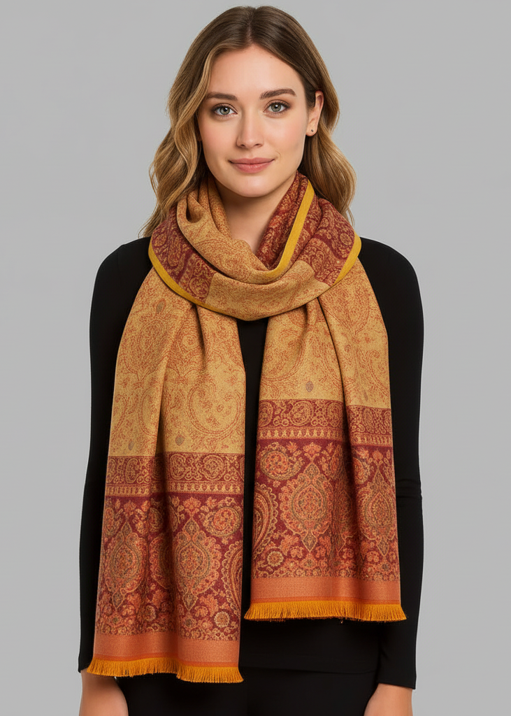 Orange thick 4 ply reversible paisley pashmina blanket scarf throw wrap shawl