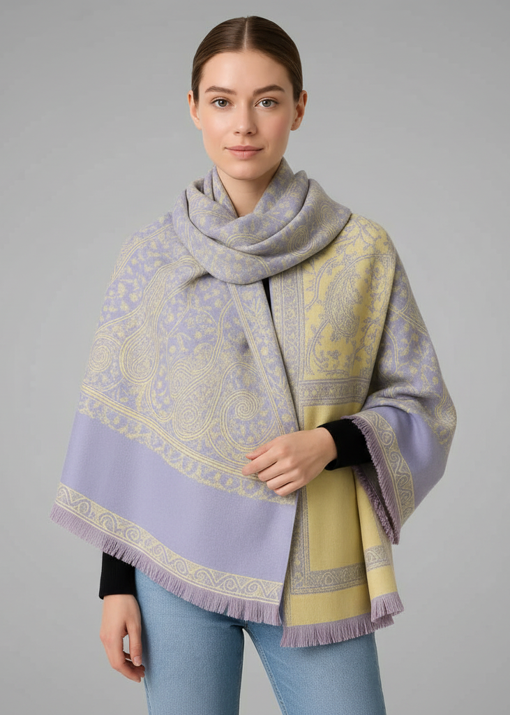 Purple thick 4-ply reversible paisley pashmina throw scarf wrap shawl in purple hue