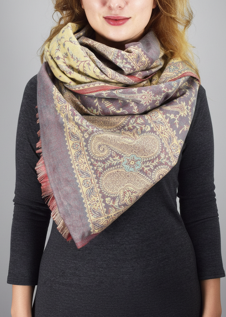 Taupe and coral reversible paisley pashmina shawl with thick 4-ply weave and fringe trim