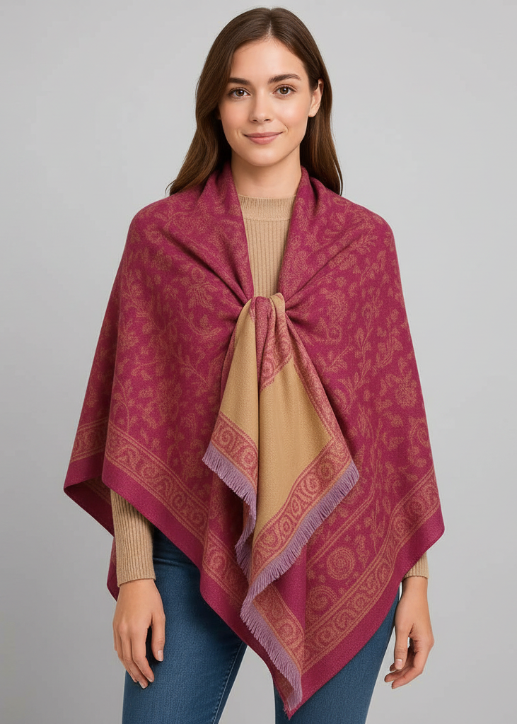 Taupe purple reversible paisley blanket scarf with thick 4-ply pashmina weave and fringe trim