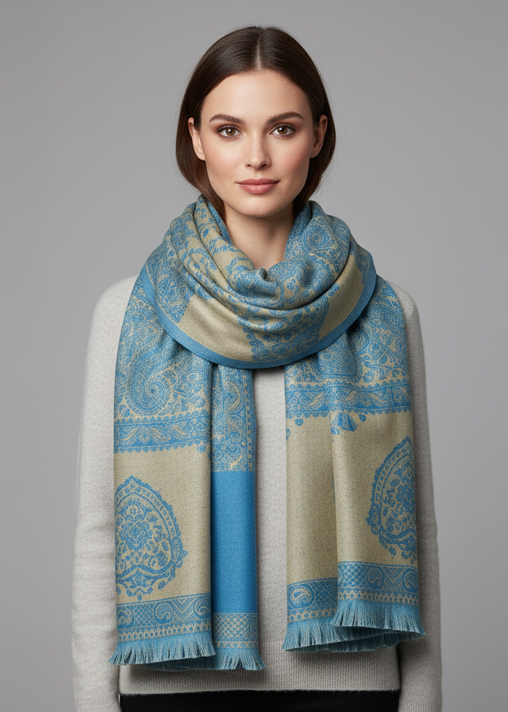 Turquoise and tan reversible 4-ply thick pashmina shawl with intricate paisley pattern and fringe trim