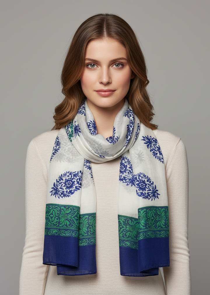 Blue and green paisley scarf with intricate teardrop motifs and a soft lightweight texture