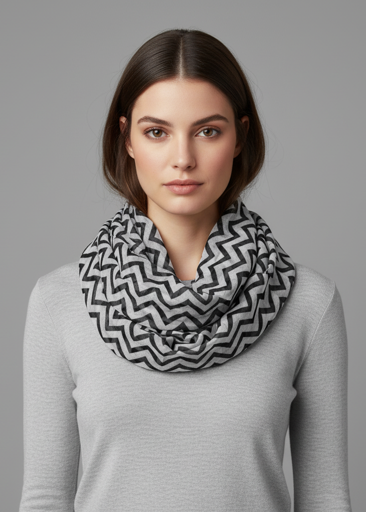 Black chevron zig zag pattern lightweight sheer infinity loop scarf for women.