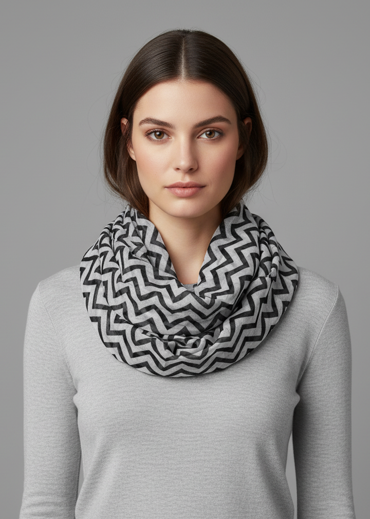 Black chevron zig zag pattern lightweight sheer infinity loop scarf for women.