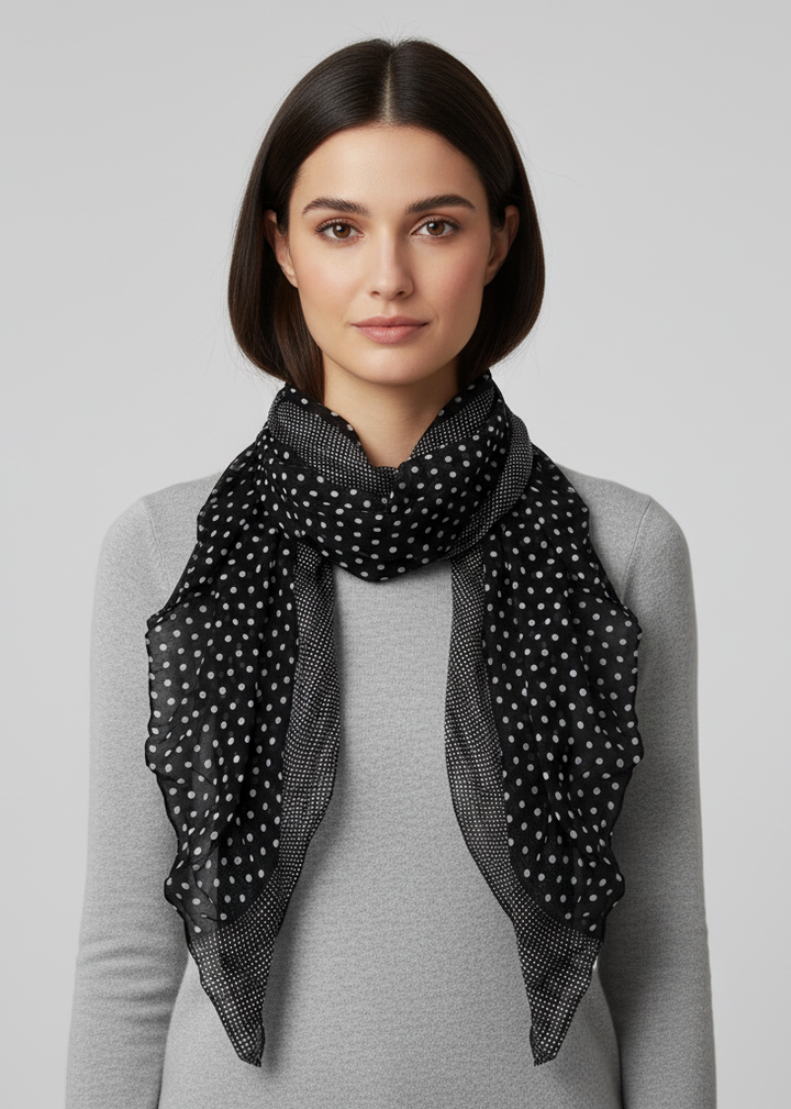 Elegant black sheer scarf with a chic polka dot print and a bordered design.