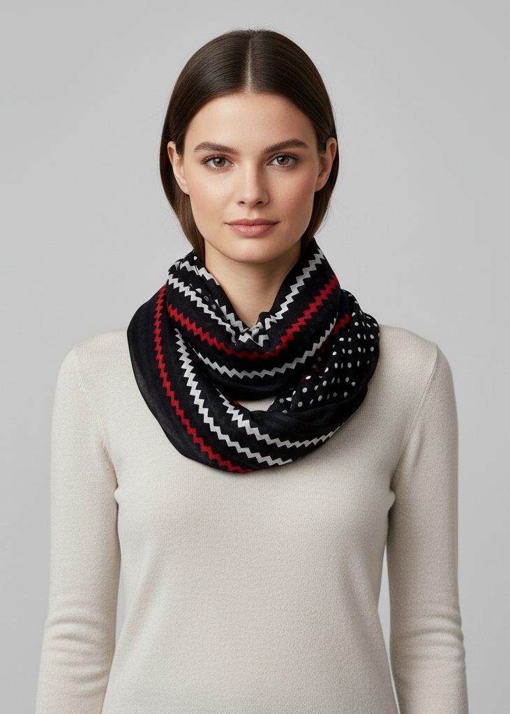 Elegant black sheer infinity loop scarf featuring a combination of chic polka dot and chevron stripe patterns.