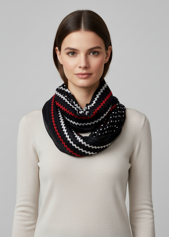 Elegant black sheer infinity loop scarf featuring a combination of chic polka dot and chevron stripe patterns.