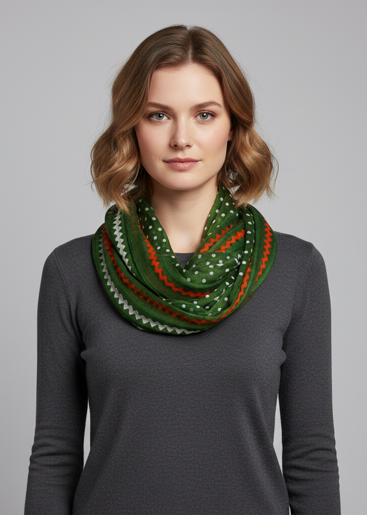 Green sheer infinity loop scarf featuring a white polka dot and chevron pattern.