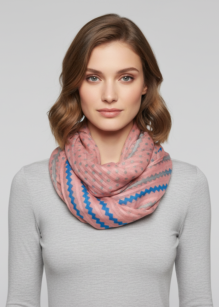 Chic pink sheer infinity loop scarf featuring a combination of polka dot and chevron patterns.
