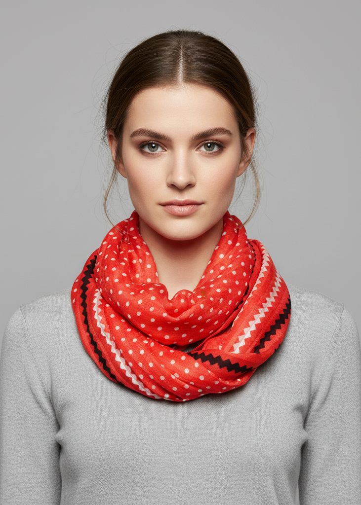 Red and white sheer infinity loop scarf featuring a combination of polka dot and chevron zigzag patterns.