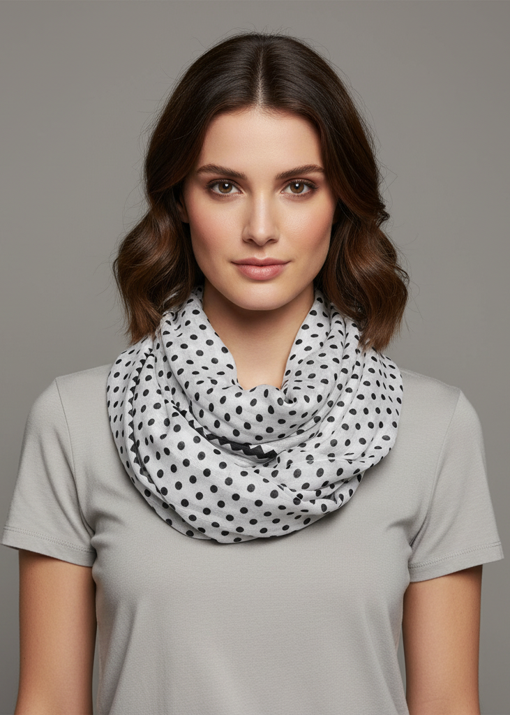 White sheer infinity loop scarf featuring a chic polka dot and chevron pattern.