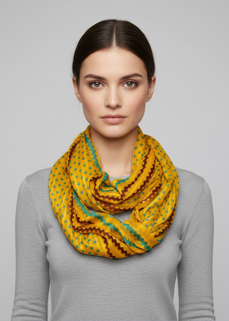 Yellow sheer infinity loop scarf with chic polka dot and chevron zigzag patterns.
