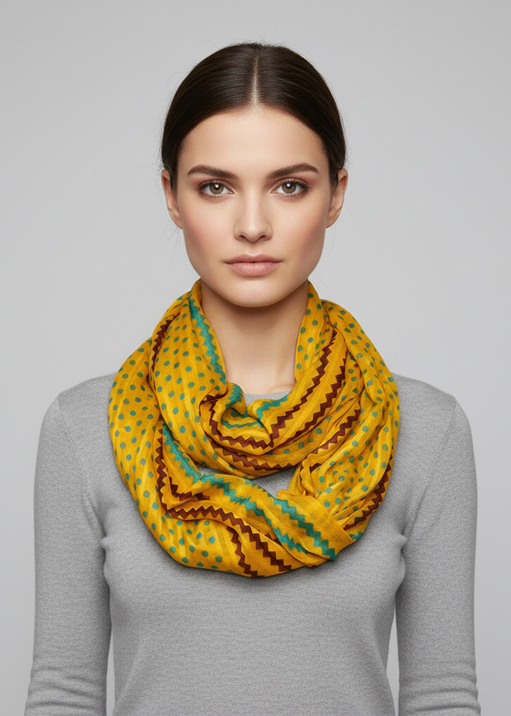 Yellow sheer infinity loop scarf with chic polka dot and chevron zigzag patterns.
