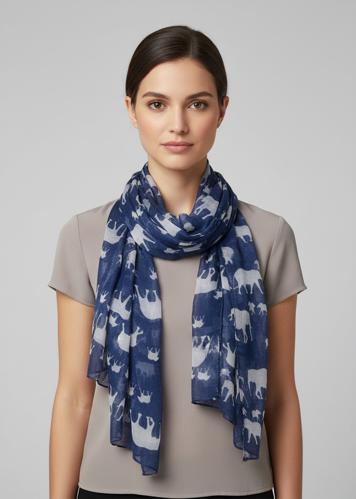 Blue lightweight wrap scarf with a chic animal print elephant pattern for women