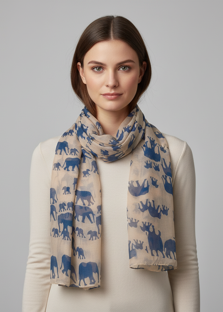 Lightweight animal print scarf featuring a tribal-inspired elephant design in a wrap style.