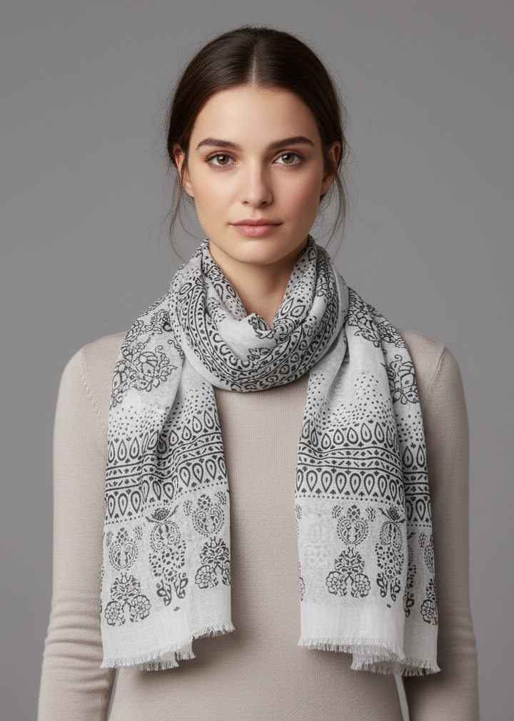 Lightweight black scarf featuring a white henna-inspired paisley print and soft eyelash fringe edges.