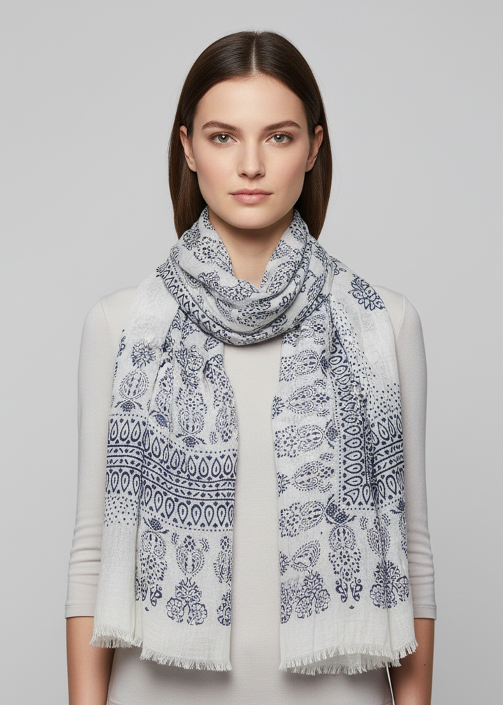 Lightweight heavenly henna paisley printed eyelash fringe scarf in blue