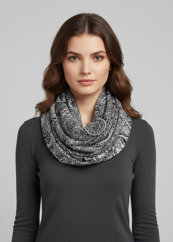 Colorful Victorian damask lightweight infinity loop scarf in black and white.