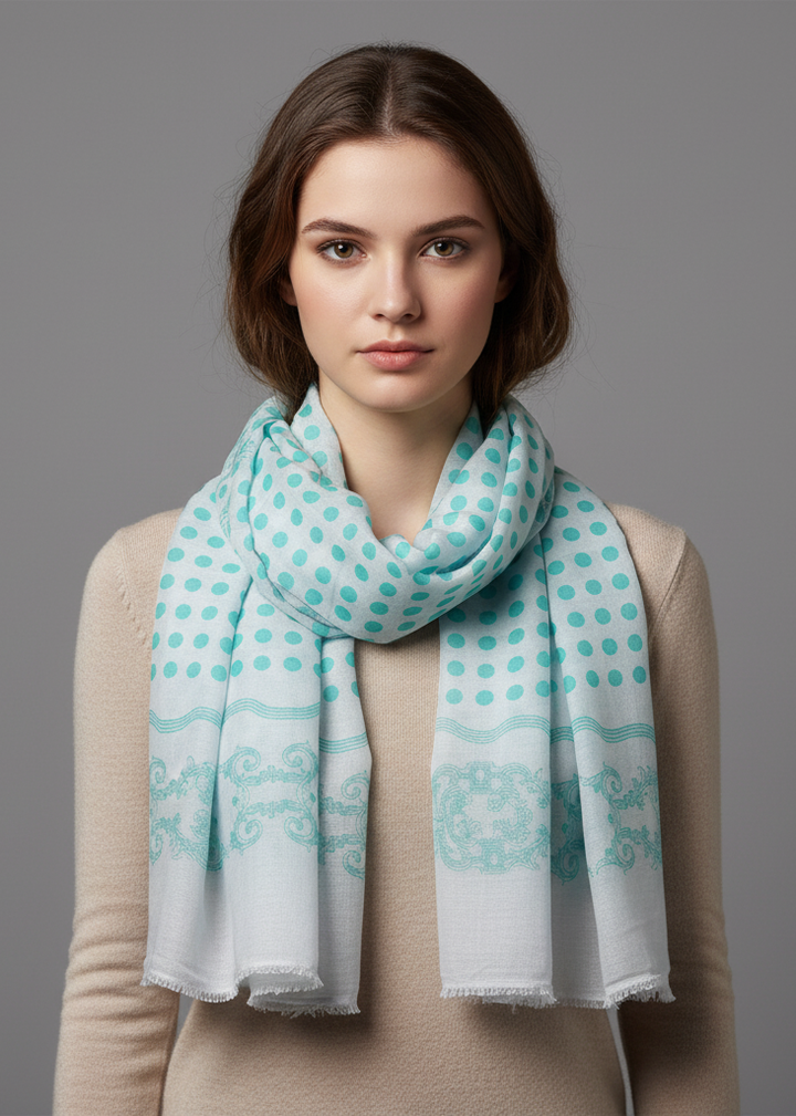 Cotton blend polka dot print summer shawl and scarf in mint green.