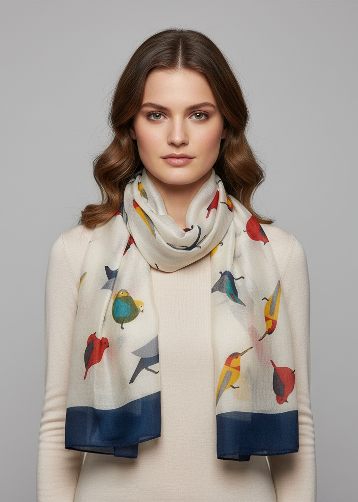 Vintage lightweight cream scarf featuring a graphic finch bird print pattern for women