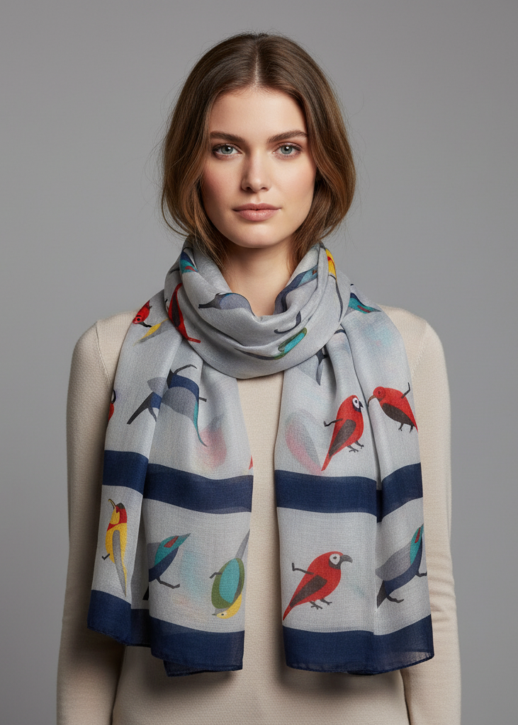 Vintage lightweight graphic finch bird print scarf in grey for women