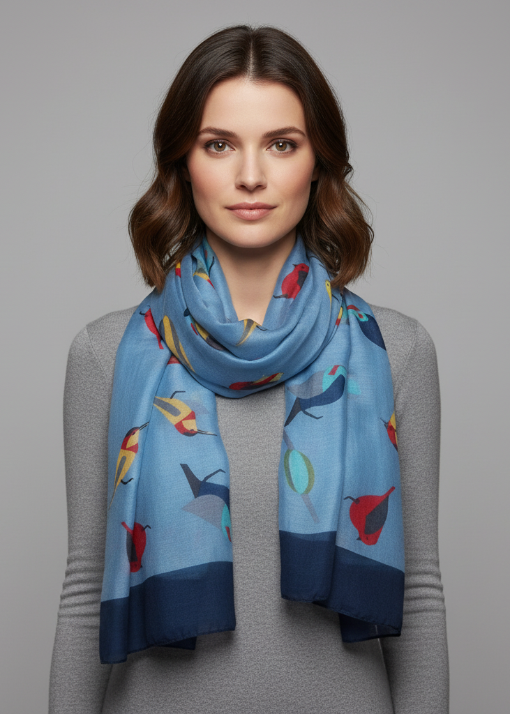 Lightweight vintage graphic finch bird print scarf in light blue