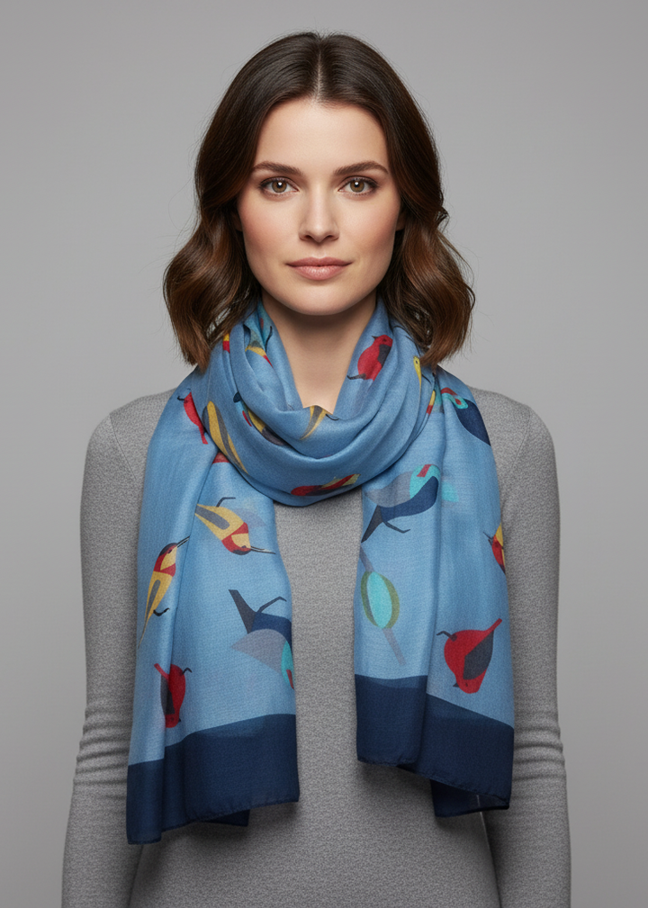 Lightweight vintage graphic finch bird print scarf in light blue