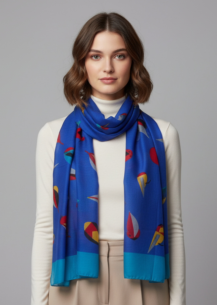 Vintage lightweight graphic finch bird print scarf in royal blue
