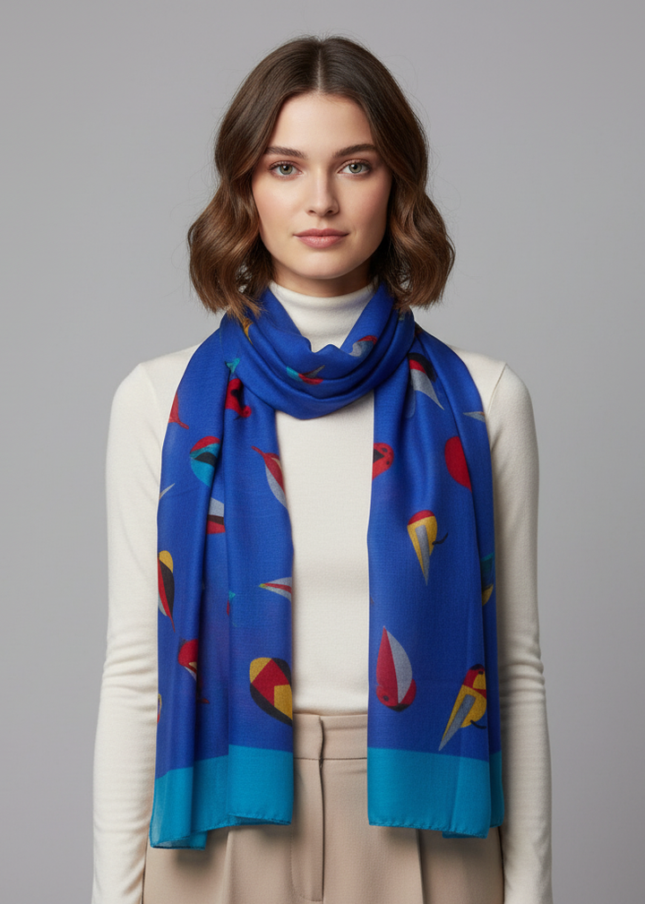 Vintage lightweight graphic finch bird print scarf in royal blue