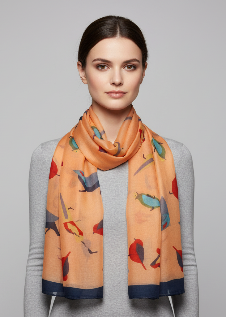 Cute vintage lightweight graphic finch bird print scarf in tangerine color for women