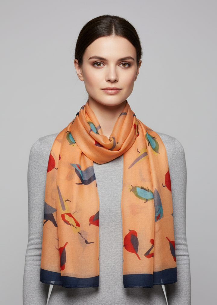 Cute vintage lightweight graphic finch bird print scarf in tangerine color for women