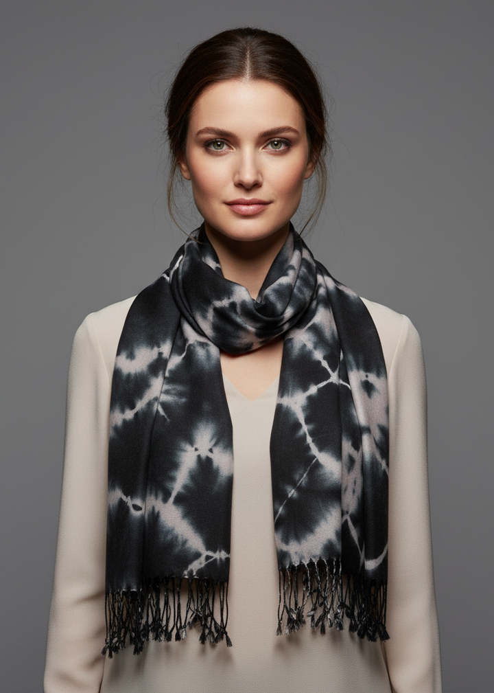 Designer faded tie-dye pashmina shawl in black and baby pink with soft fringe edges