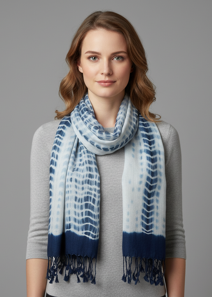 Exclusive designer faded tie-dye pashmina shawl in navy blue and white with soft fringe detail