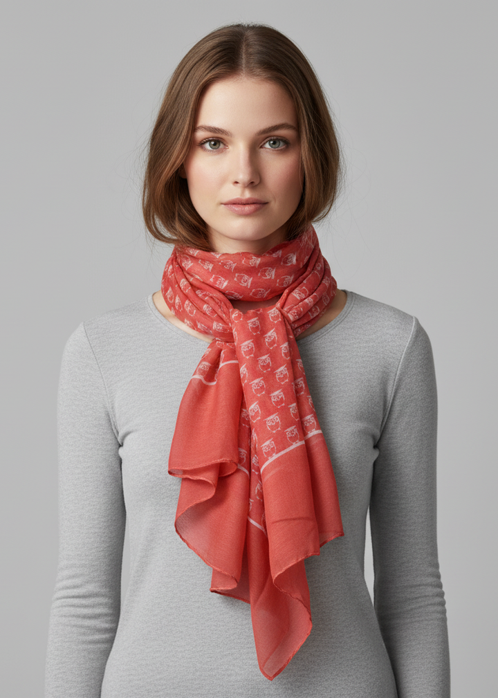 Elegant all season lightweight sheer scarf with owl animal print in coral peach finish