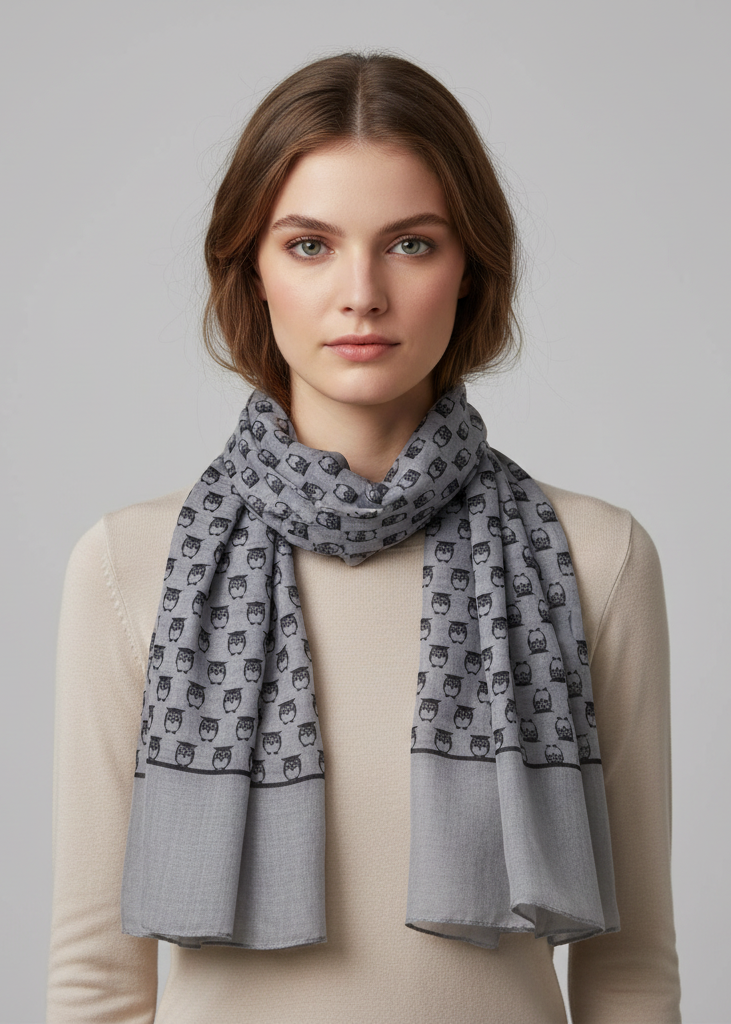 Elegant all season lightweight sheer animal owl print scarf shawl in gray