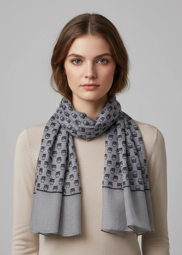 Elegant all season lightweight sheer animal owl print scarf shawl in gray