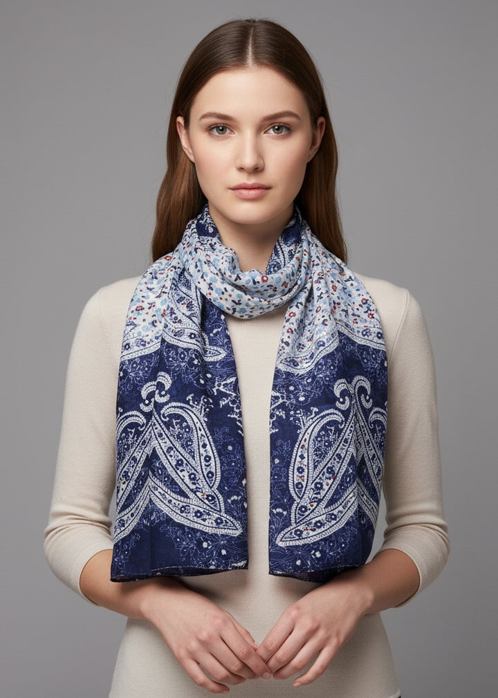 Navy and red lightweight shawl featuring an elegant damask paisley henna pattern with fringed edges