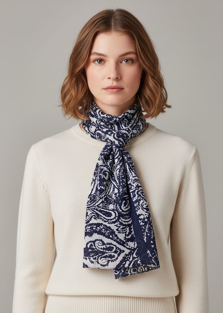 Navy and white lightweight shawl scarf with elegant damask paisley henna pattern