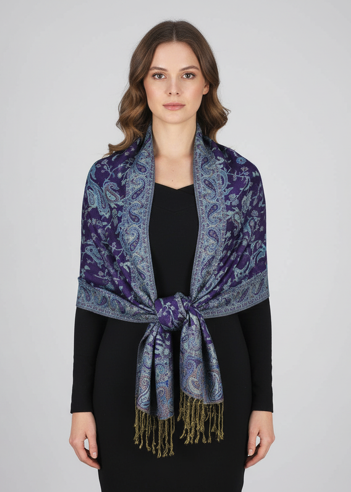 Double layer reversible paisley pashmina shawl wrap scarf in eggplant.