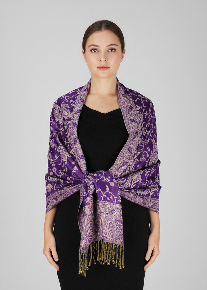 Reversible double-layer pashmina shawl featuring an intricate grape purple and lavender paisley jacquard pattern with fringed edges.